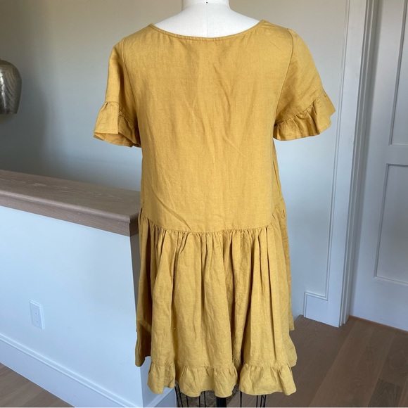 Free People Mustard Yellow Ruffle Trim Linen/Cotton Mini Dress w/pockets size XS - Picture 3 of 4
